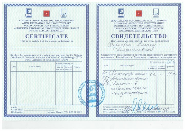 Свидетельство о курсе «Метафорические ассоциативные карты в психологическом консультировании»